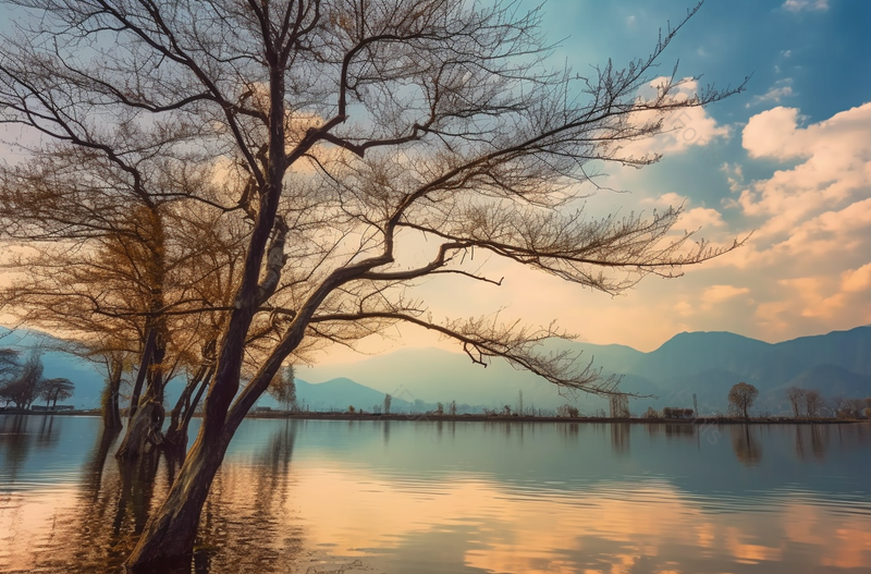 西昌邛海梦寻花海晚霞与乌桕树平静的湖泊水面倒映天空白云和山峰无人的场景图像摄影,高清,摄影图,摄影图片,图片大全,摄影图免费下载